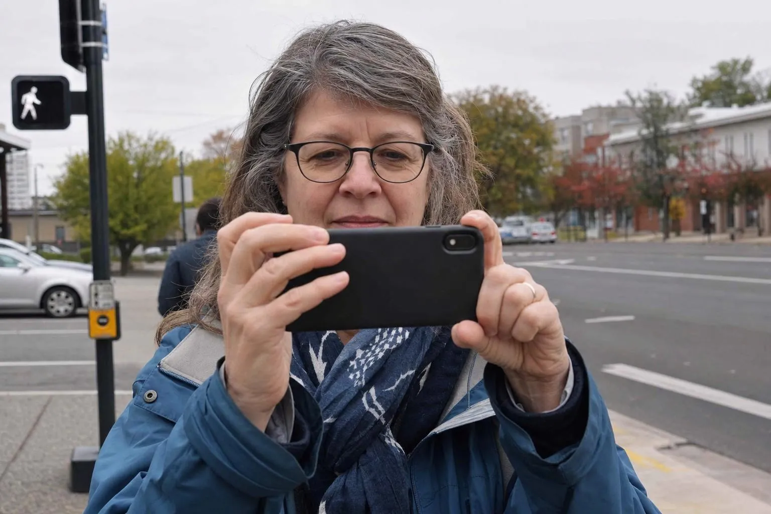 Front close view of an everyday person holding a phone up to frame a street scene