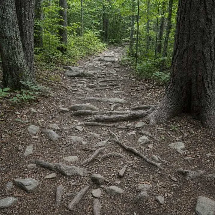 Tree roots and loose stones crossing a woodland path in soft light