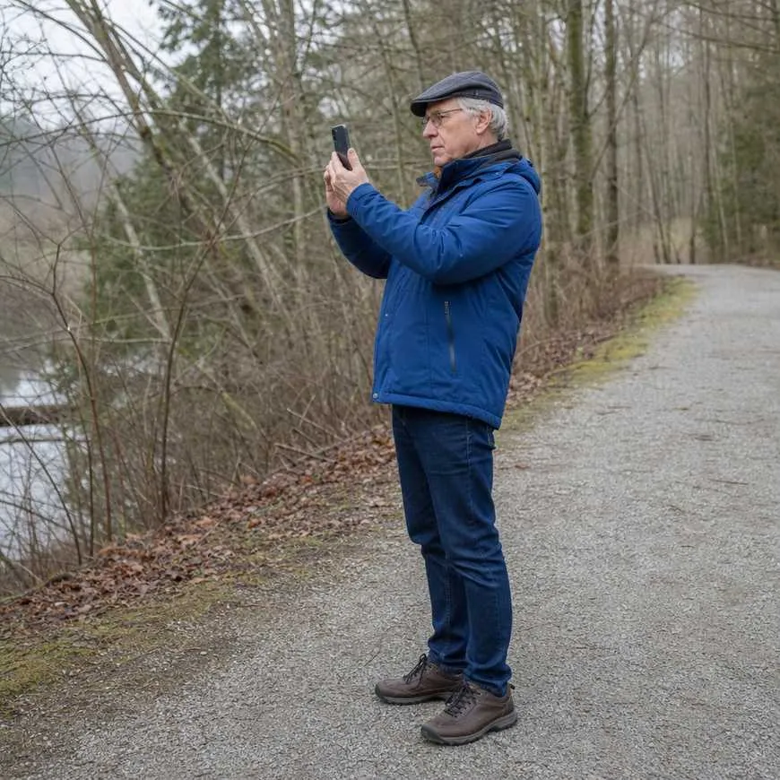 An older man standing still off the path edge while taking a photo with his phone
