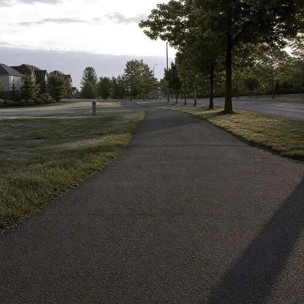 Long cool morning shadows across an empty walking path before the day heats up