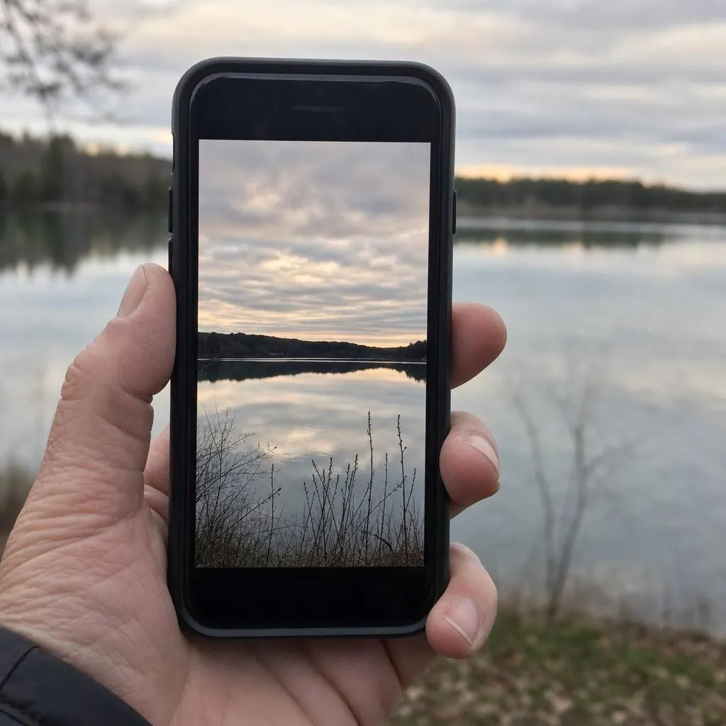 Close view of a smartphone held up against the dawn sky, the screen showing the same scene being framed