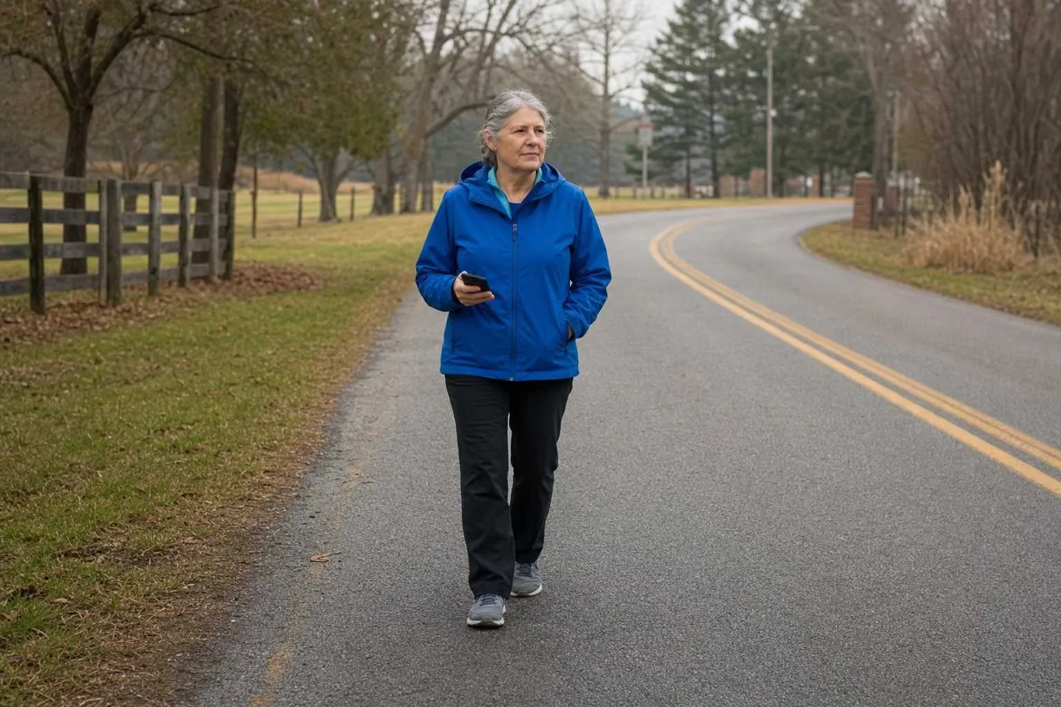 Front view of an older person setting out for a walk on a quiet country road in a bright jacket