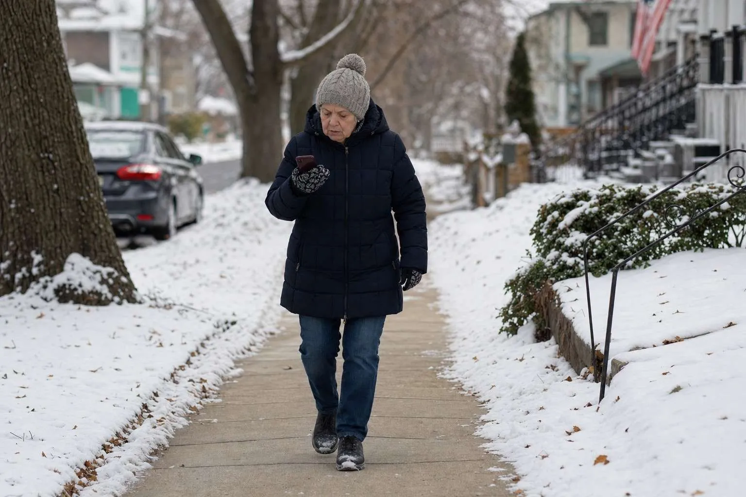 Front view of an older person in winter layers walking carefully on a snowy sidewalk