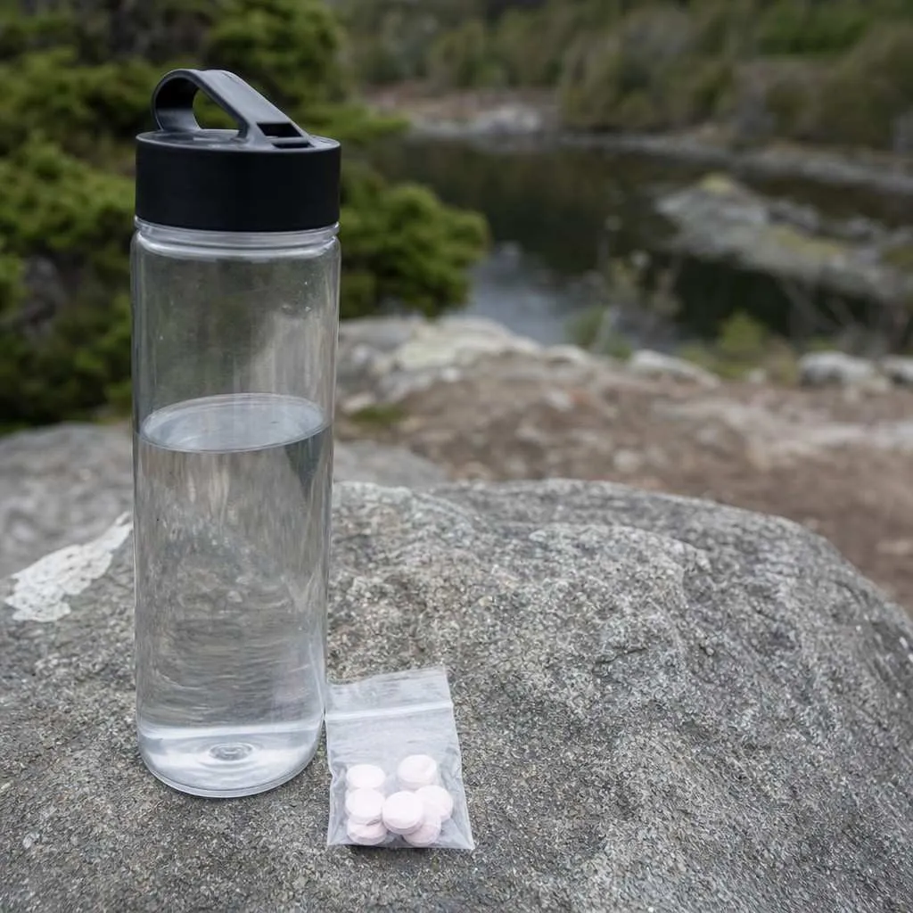 A plain water bottle and a small pack of electrolyte tablets on a rock