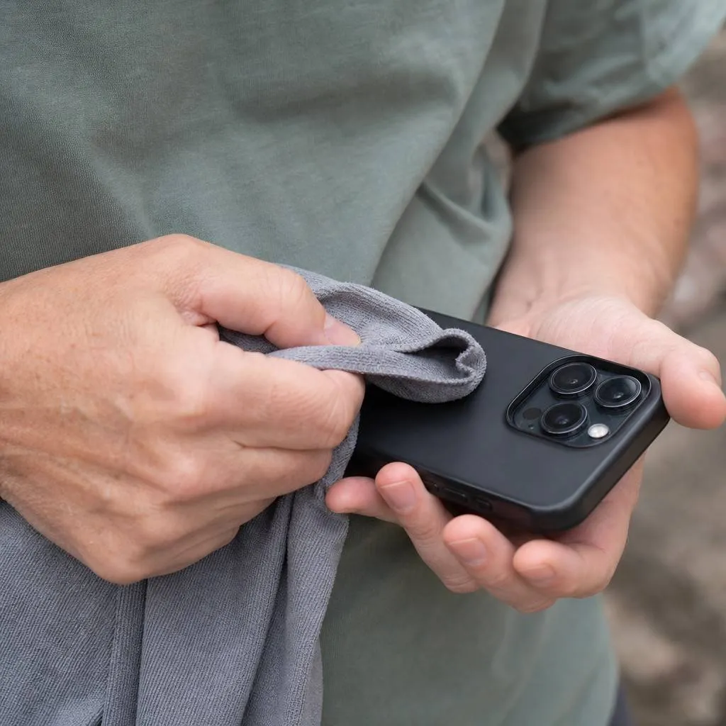 A hand wiping a phone camera lens with a shirt corner outdoors
