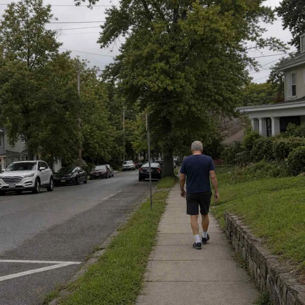 A quiet ordinary neighbourhood street with trees, inviting an easy walk