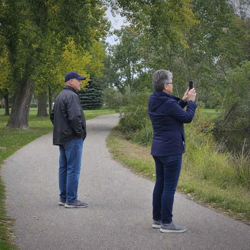 Pausing on a park path to take a photo with a phone