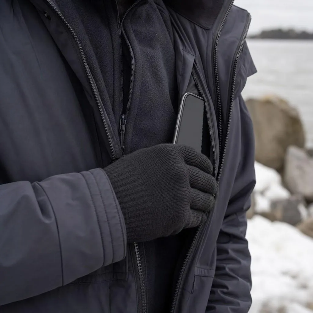 A gloved hand sheltering a phone inside a jacket against the cold