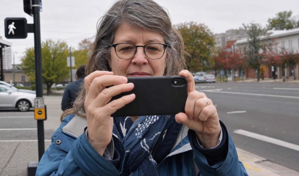 Front close view of an everyday person holding a phone up to frame a street scene