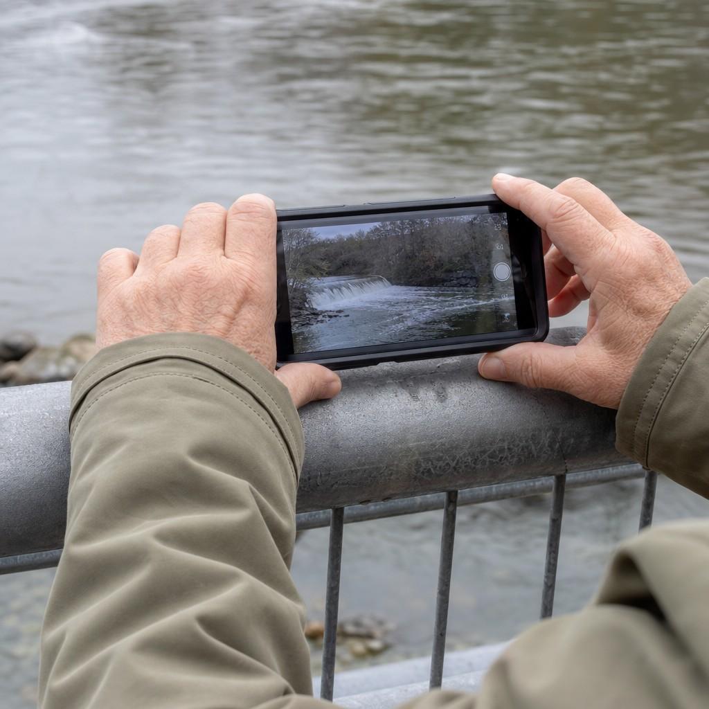 Two hands bracing a phone steadily against a railing to shoot