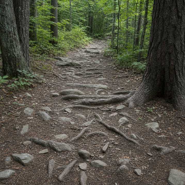 Tree roots and loose stones crossing a woodland path in soft light