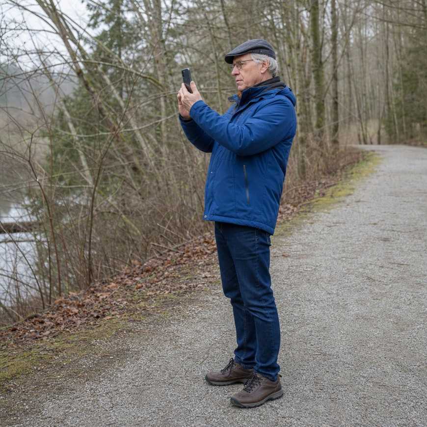 An older man standing still off the path edge while taking a photo with his phone
