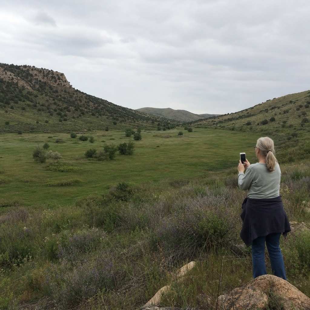 A wide overcast view across a green valley with low hills
