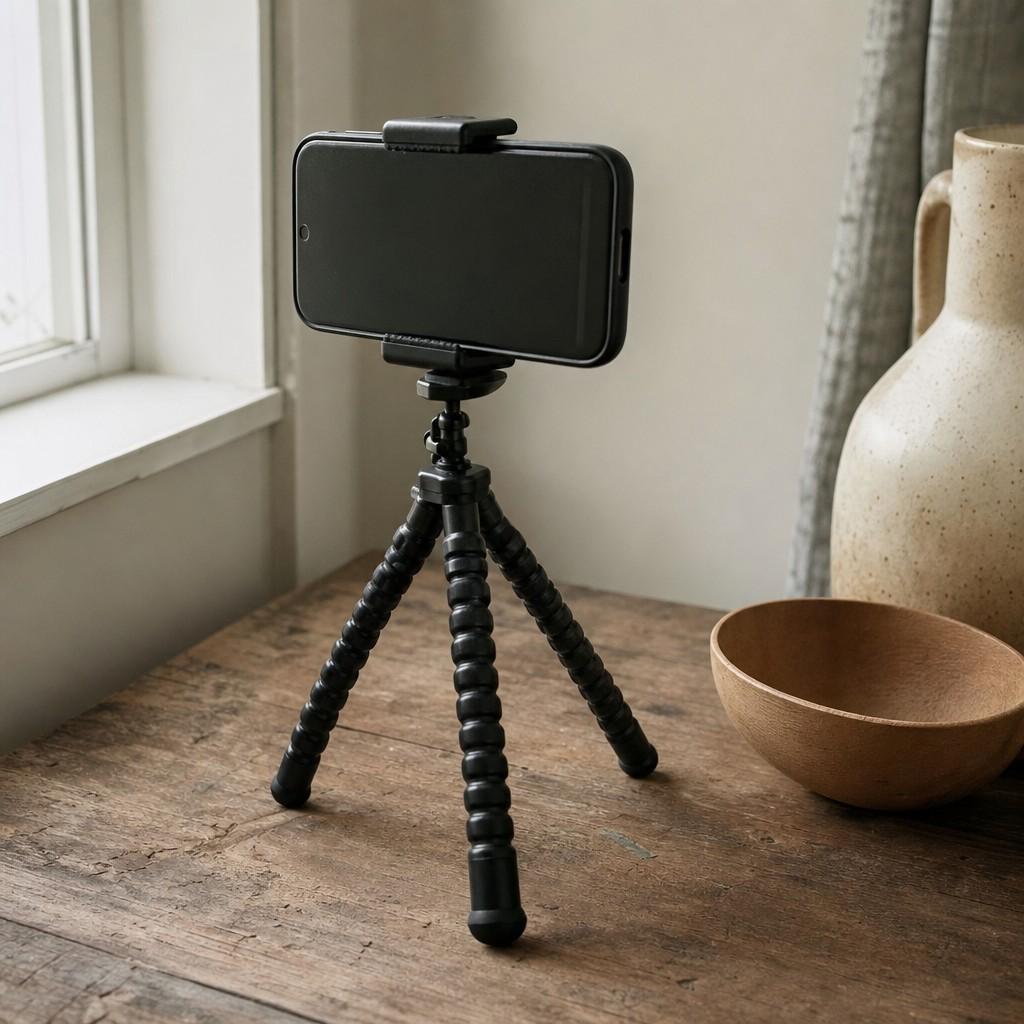 A phone clipped into a small flexible tripod standing on a table