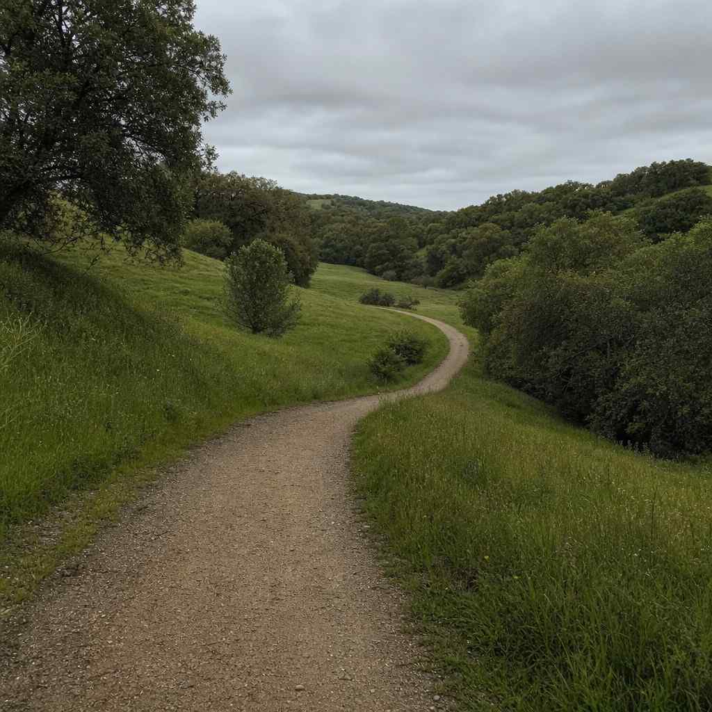 A dirt path curving from the foreground into a green landscape, a natural leading line