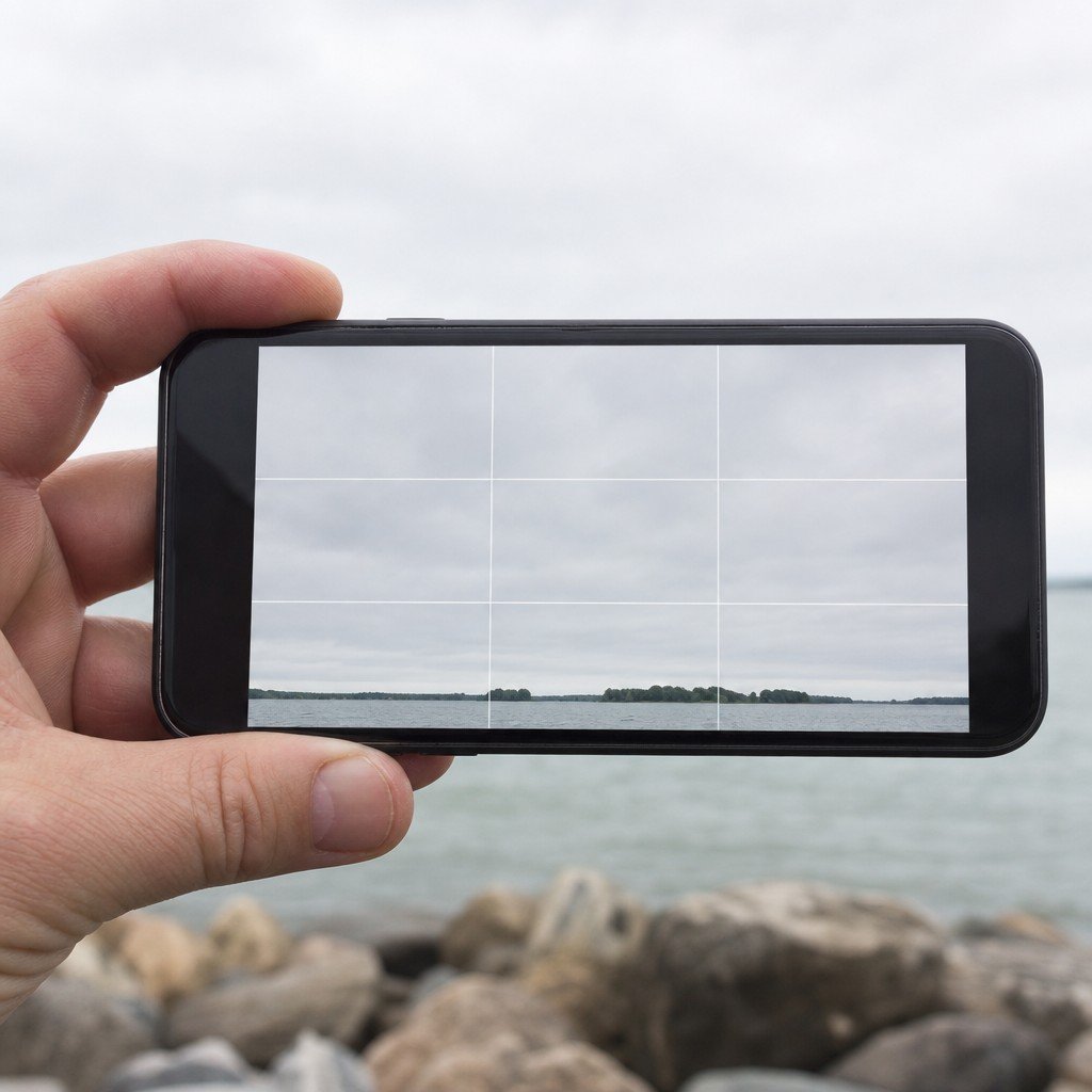 A phone screen showing a landscape with the horizon placed low and a grid overlay