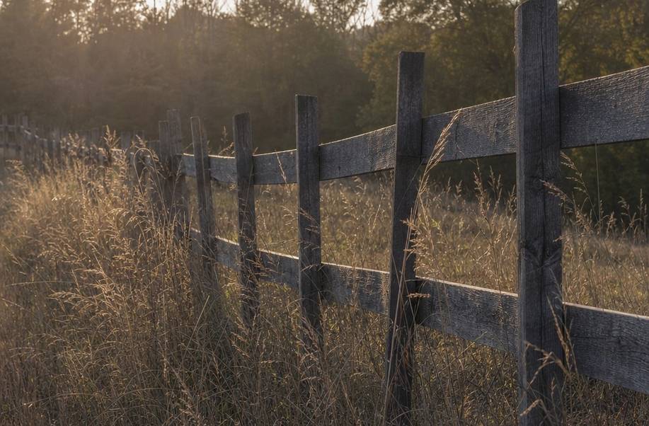 Low evening sun raking across a weathered wooden fence and tall grass