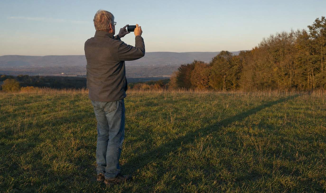 An older man holding up a phone to photograph long evening shadows across an open meadow