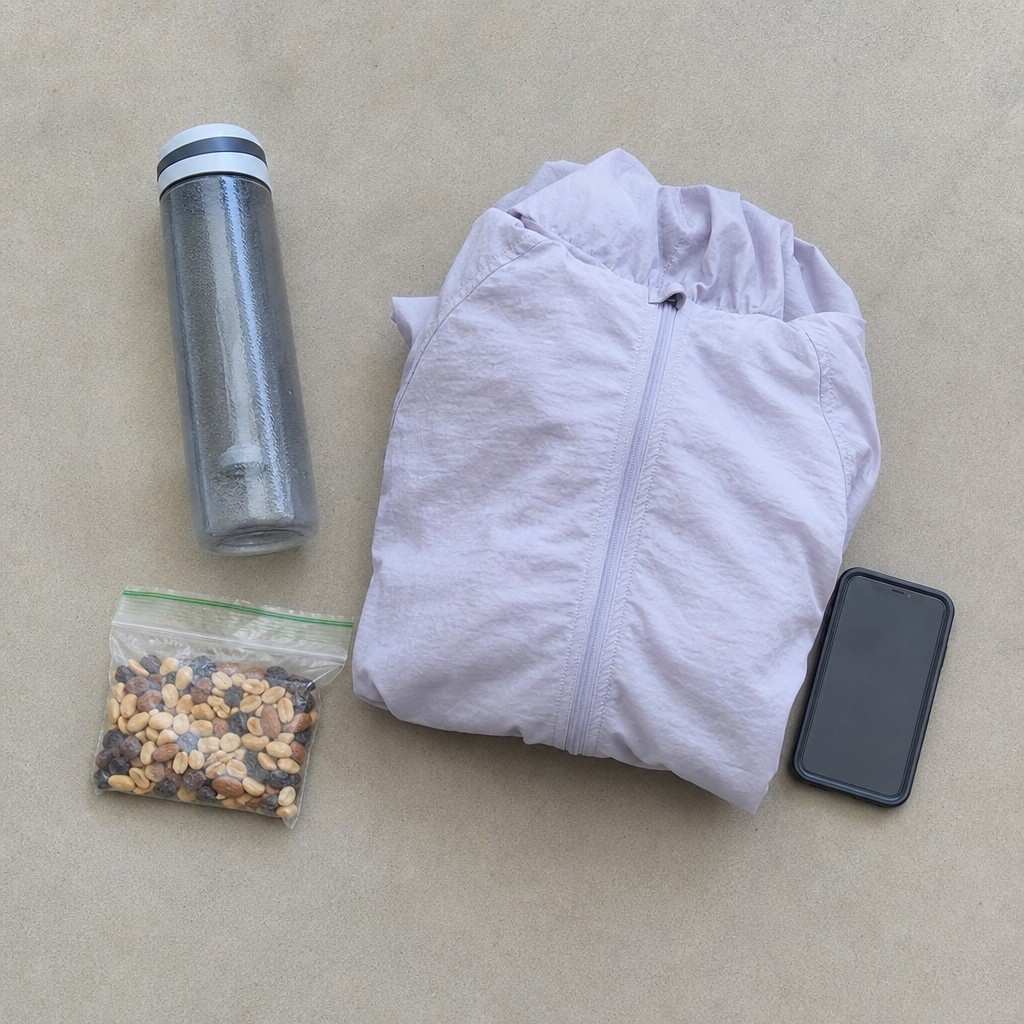 A few simple hiking items laid out: water bottle, light jacket, snack, phone
