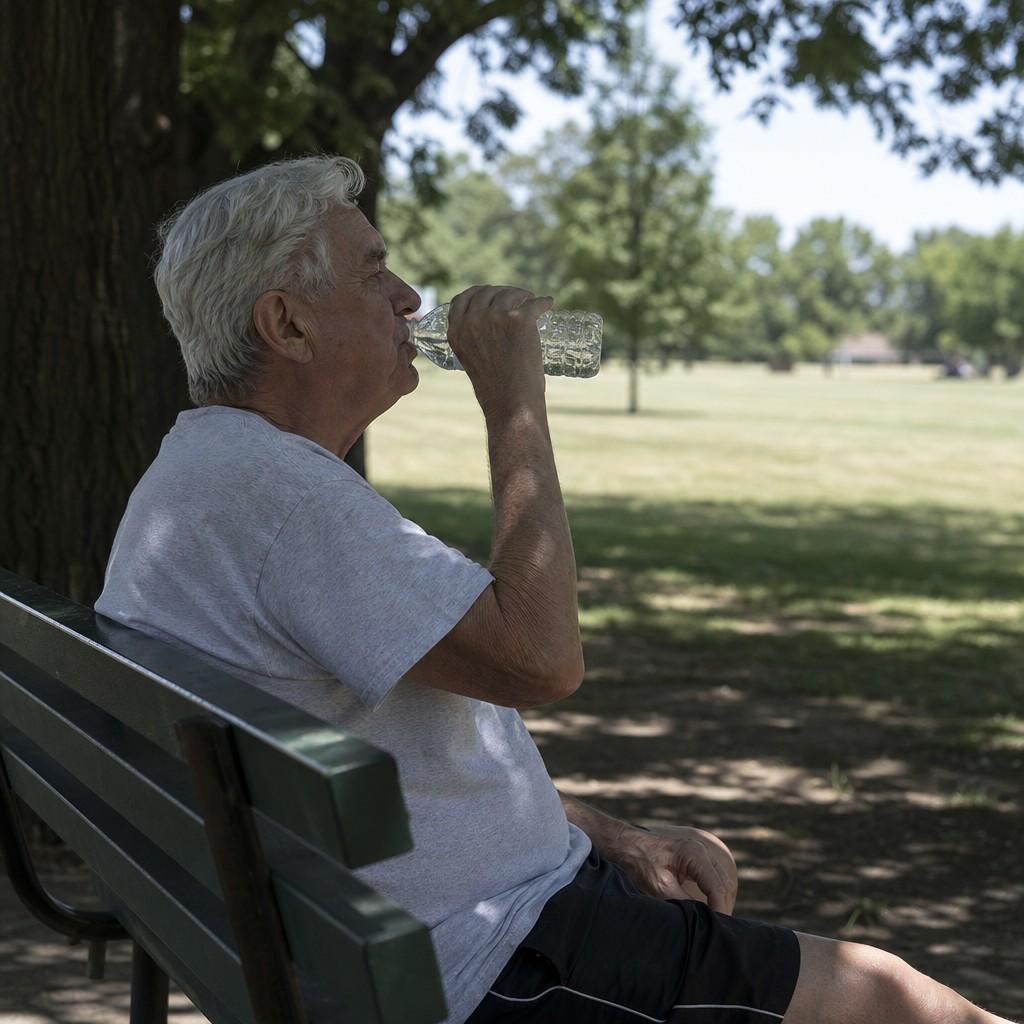 An older man resting on a shaded bench with a water bottle on a hot bright day