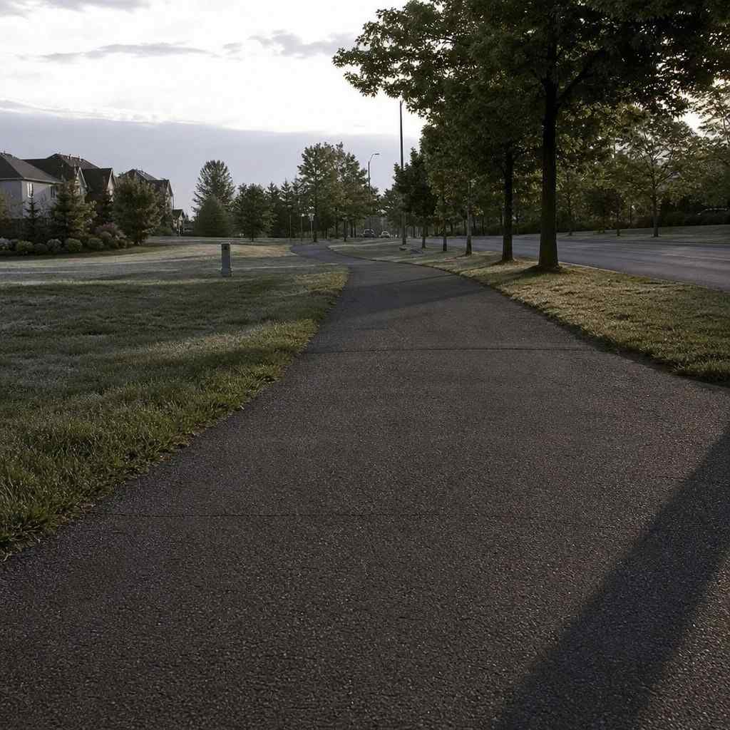 Long cool morning shadows across an empty walking path before the day heats up