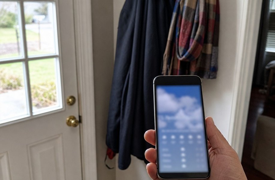 A hand holding a phone at a front door before a cold walk