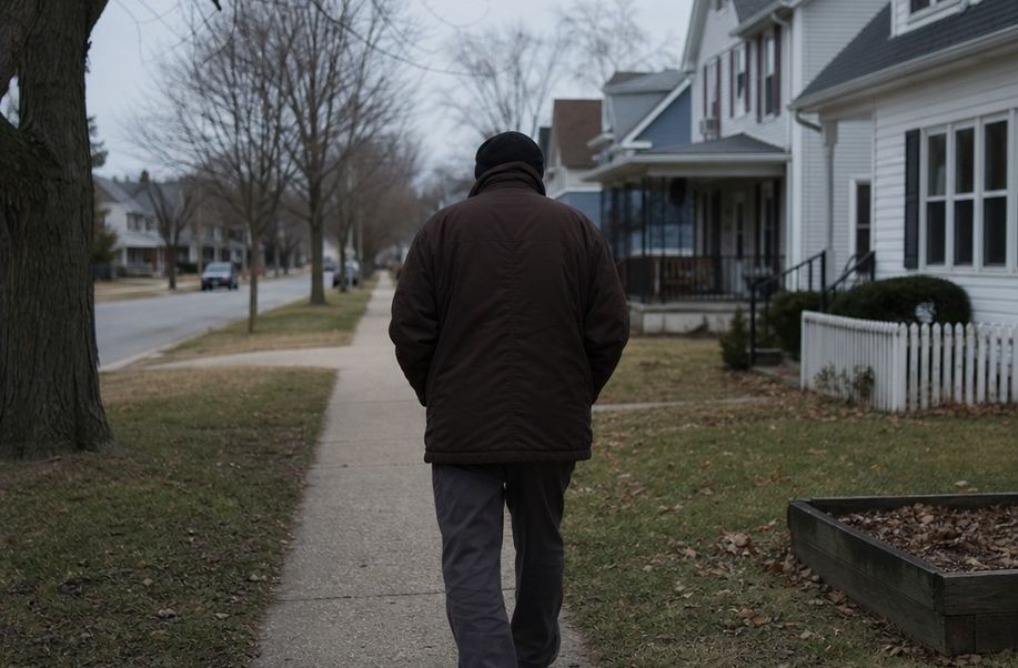 A short neighbourhood walk in the cold, one person heading back toward the houses