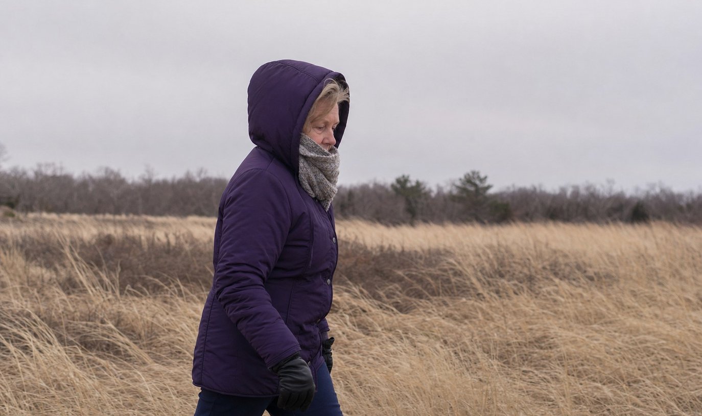 An older woman walking across an open windswept field in winter layers with her hood up