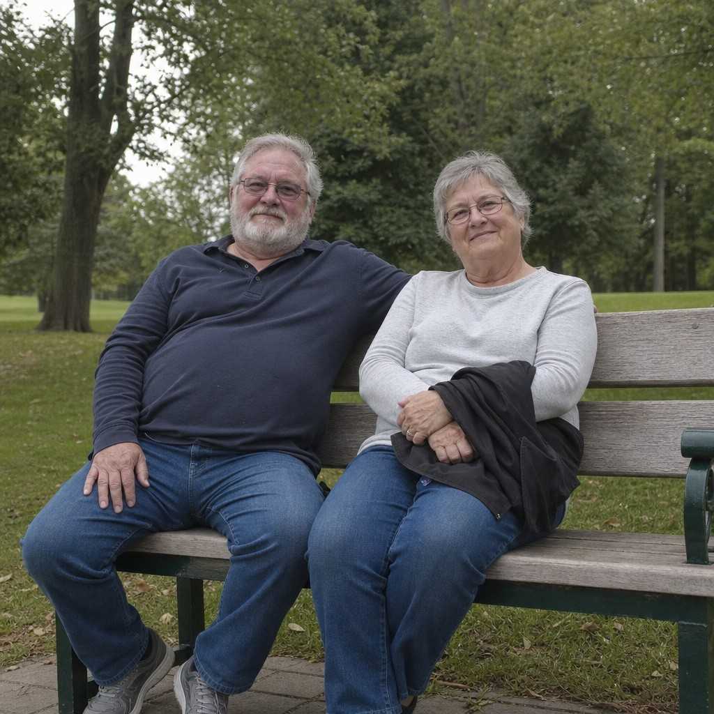 An older couple sitting on a park bench for a short rest partway through a walk on an overcast day