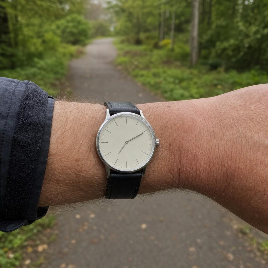 Close view of a plain wristwatch on an older person's wrist during a walk outdoors, suggesting tracking walking time