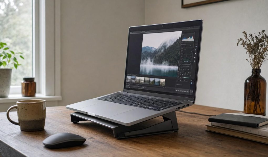 Side view of an open laptop on a tidy wooden desk with photos on screen, raised on a simple stand for airflow