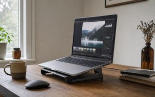 Side view of an open laptop on a tidy wooden desk with photos on screen, raised on a simple stand for airflow
