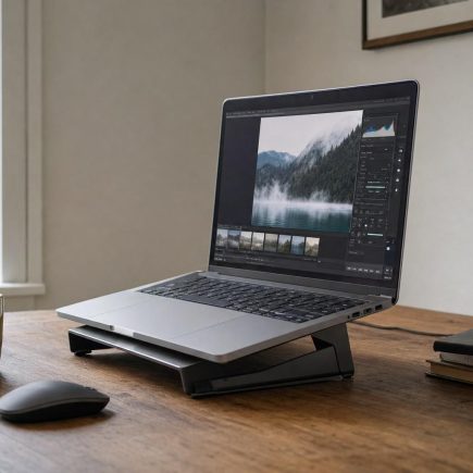 Side view of an open laptop on a tidy wooden desk with photos on screen, raised on a simple stand for airflow