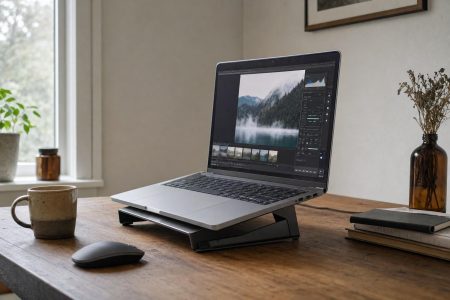 Side view of an open laptop on a tidy wooden desk with photos on screen, raised on a simple stand for airflow