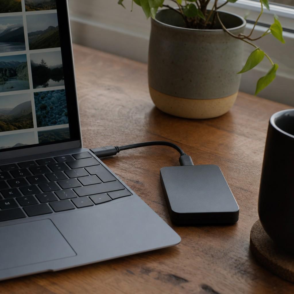 A small external drive beside a laptop, suggesting photo backup