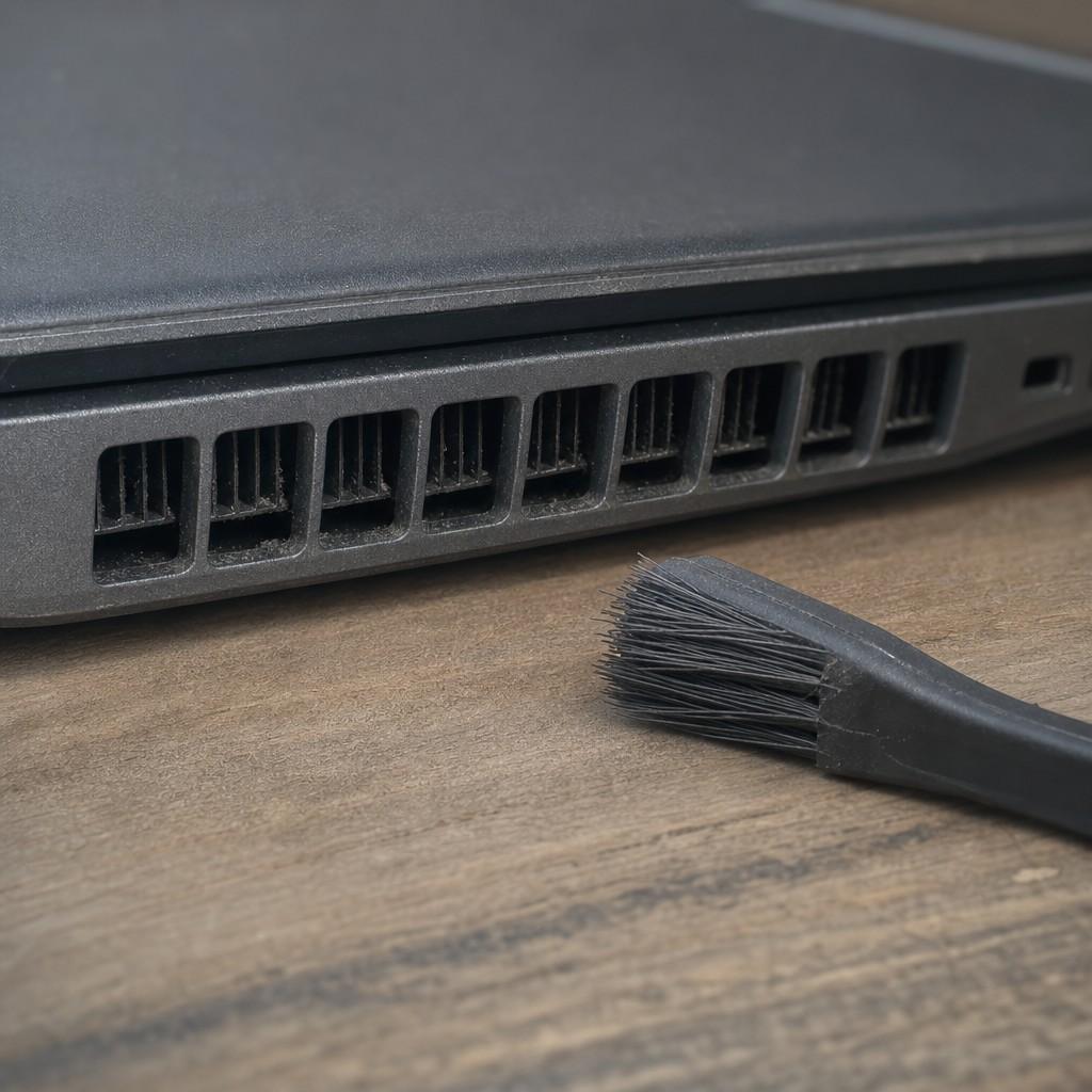 Close view of a laptop's side vents and a small soft brush for cleaning dust
