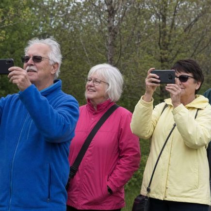 A small friendly group of older adults in a park, a couple holding phones to photograph the scenery