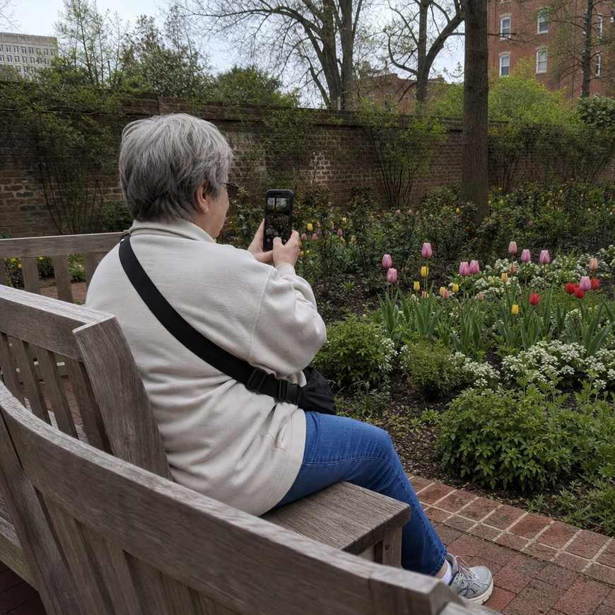 An older person seated on a park bench photographing a flowerbed with a phone