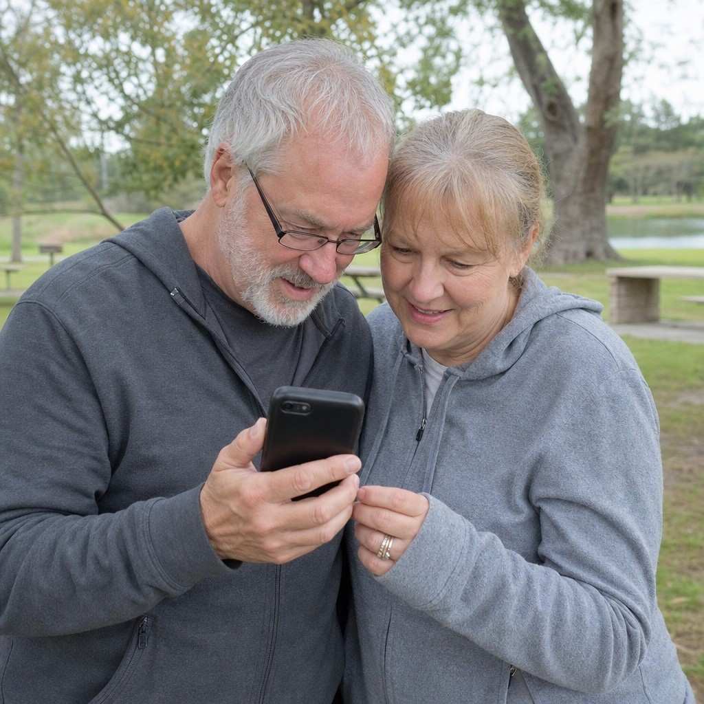 Two older people looking together at a photo on a phone screen outdoors