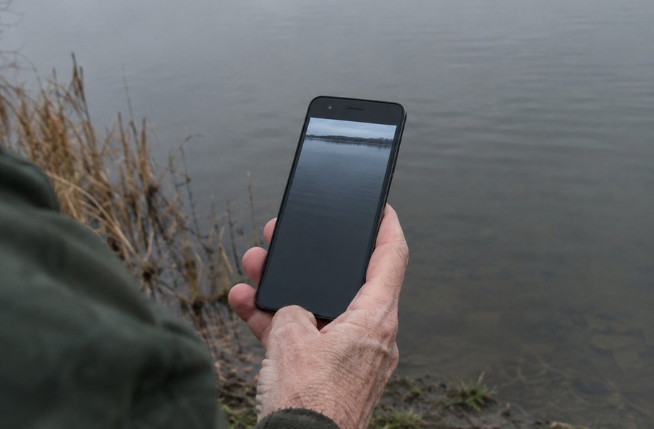A hand holding a phone tilted down over still water so the grey sky is nearly out of the frame