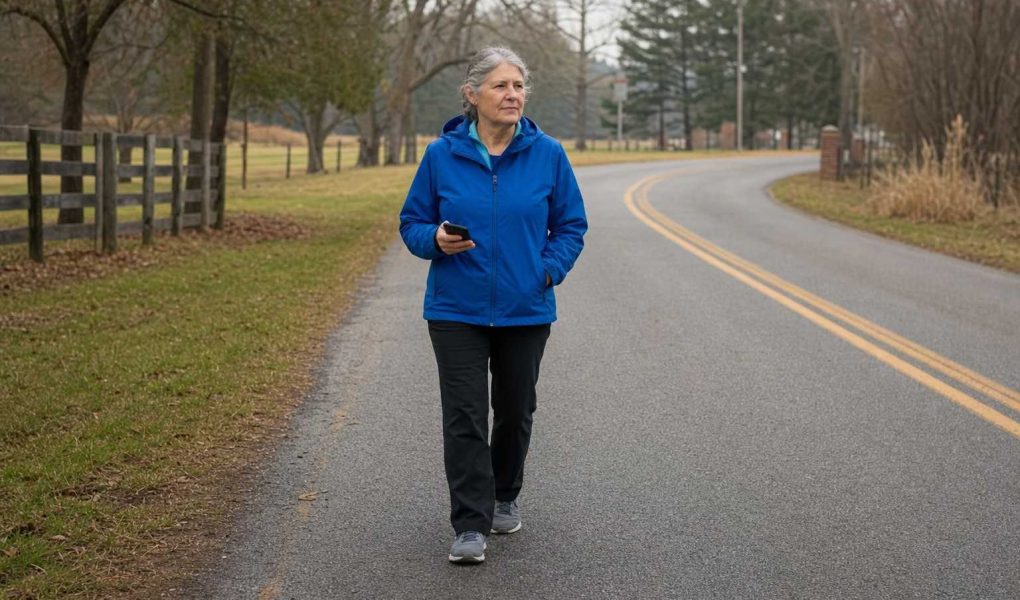 Front view of an older person setting out for a walk on a quiet country road in a bright jacket