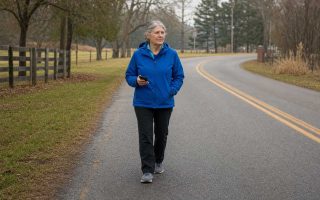 Front view of an older person setting out for a walk on a quiet country road in a bright jacket
