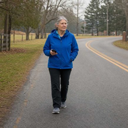 Front view of an older person setting out for a walk on a quiet country road in a bright jacket