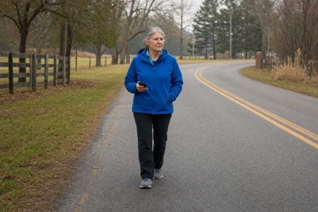 Front view of an older person setting out for a walk on a quiet country road in a bright jacket