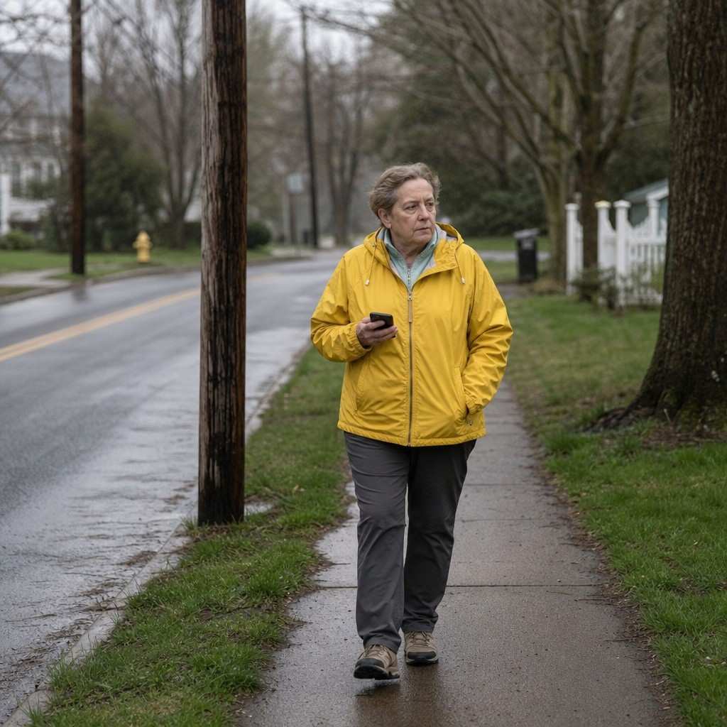 The same kind of walker under light drizzle, dressed for it, still going