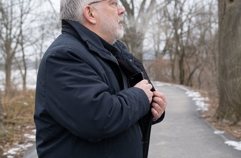 An older walker slipping a phone into an inner coat pocket on a cold day