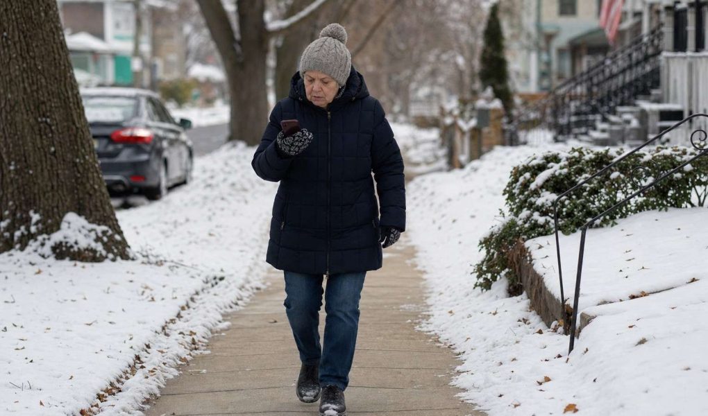 Front view of an older person in winter layers walking carefully on a snowy sidewalk