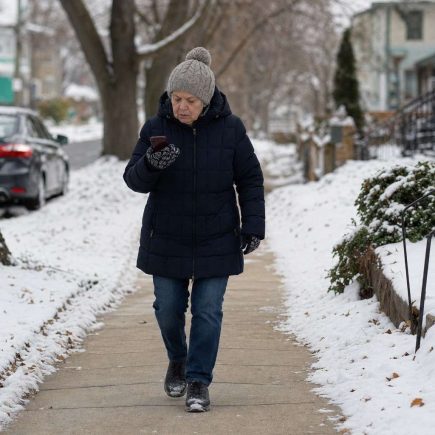 Front view of an older person in winter layers walking carefully on a snowy sidewalk