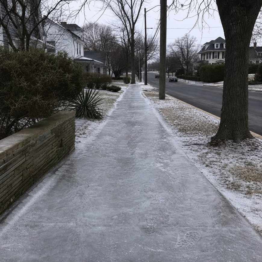 A frosty sidewalk with patches of ice, showing why care is needed