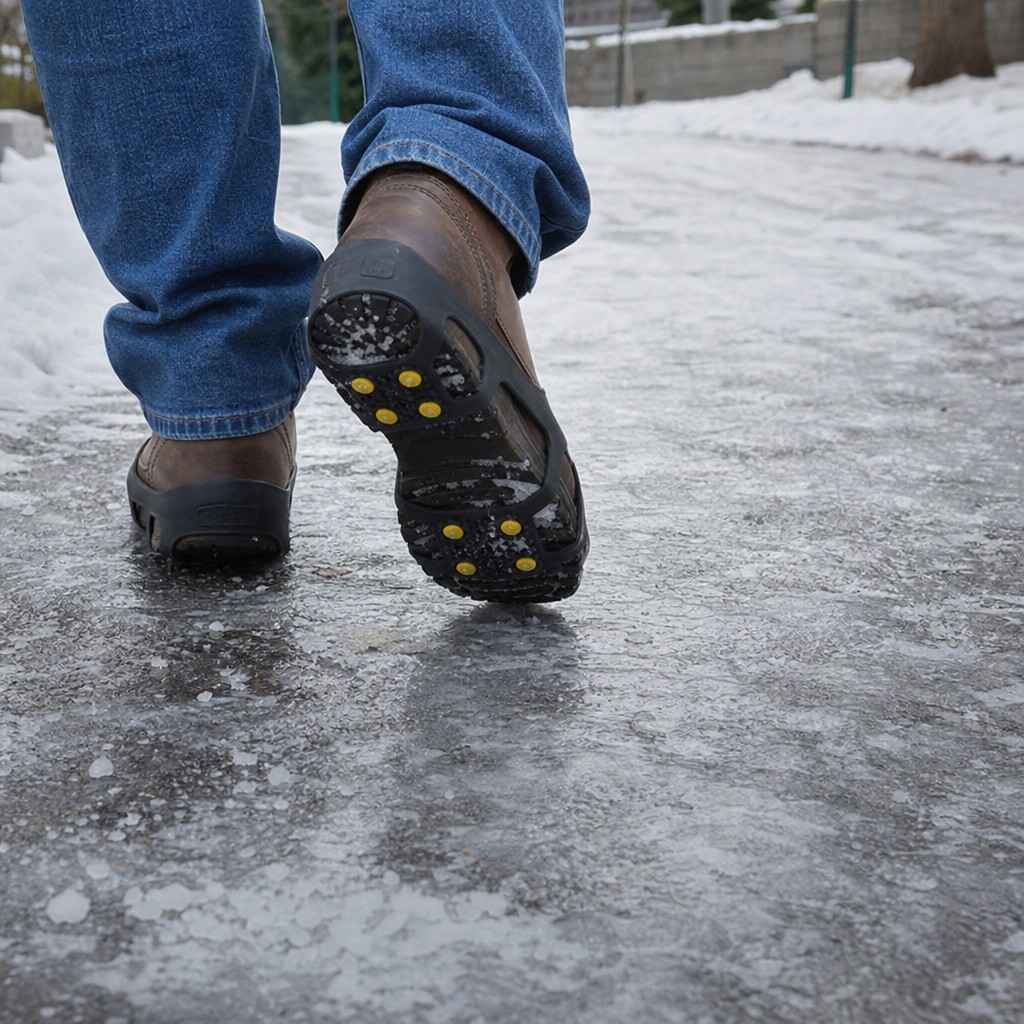 Close view of winter boots with traction cleats on an icy path